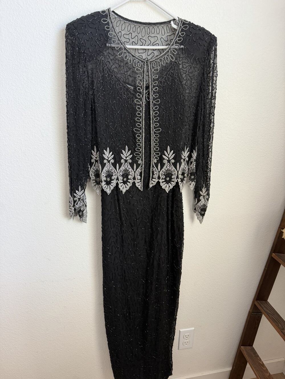 Vintage Stenay glass beaded silk dress W/cocktail Jacket Gown Size 12
